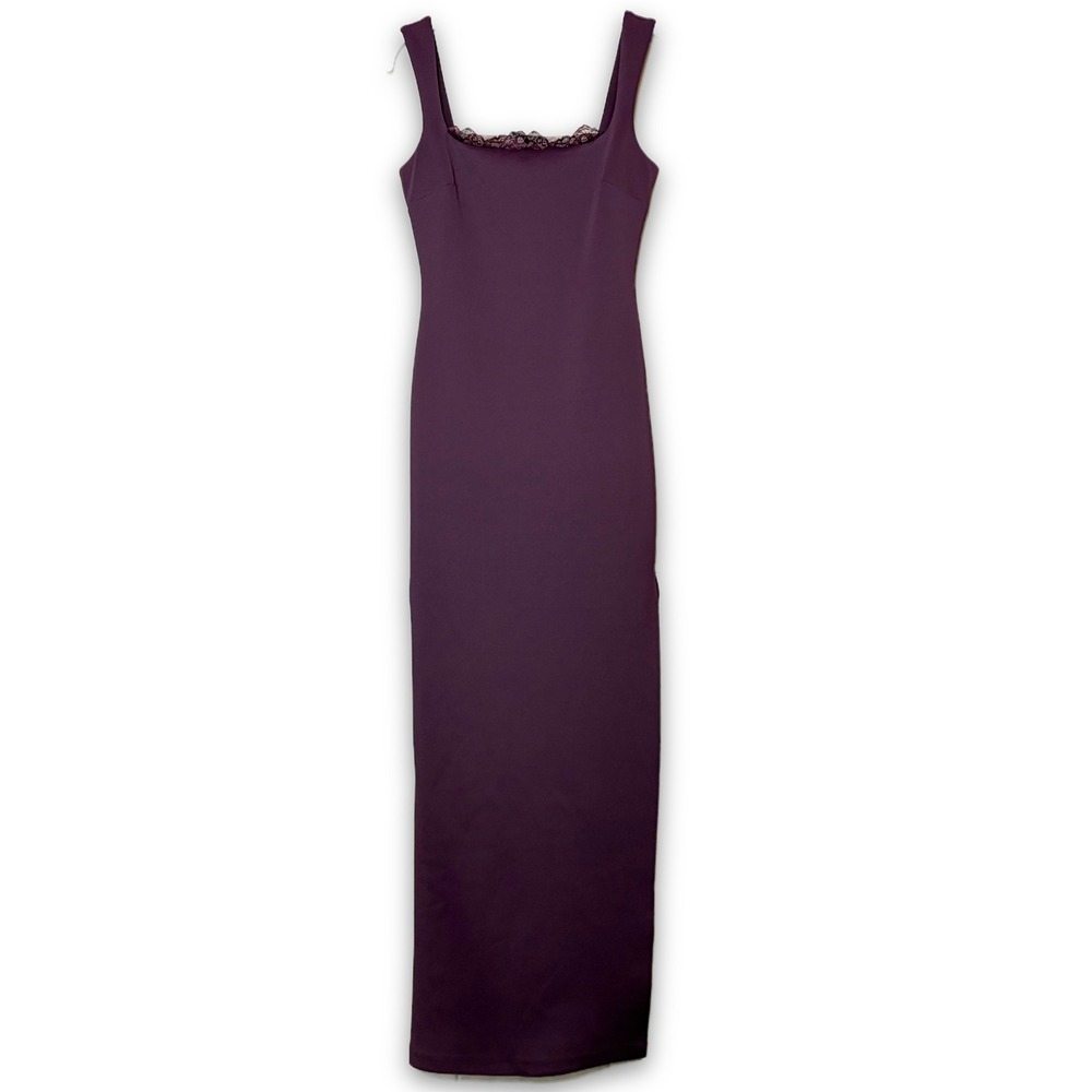 Marciano Rosy Scuba Maxi Dress Wine Purple Lace Trim Column XS Formal Evening